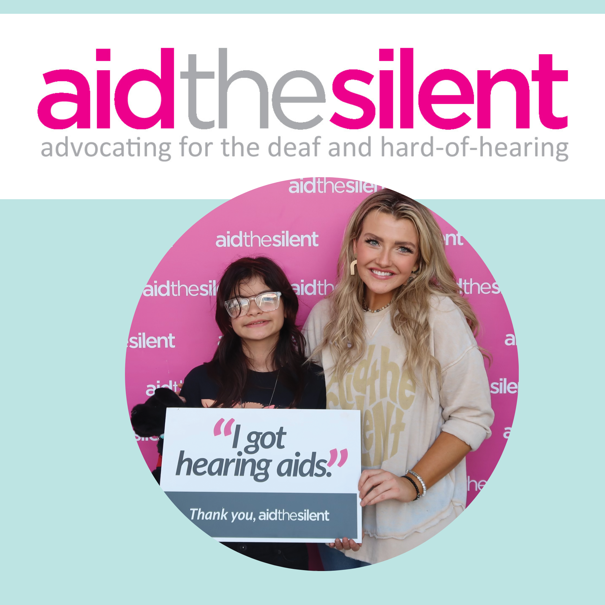Emma Faye Rudkin gifting a child who is deaf with hearing aids through her organization called Aid the Silent. 