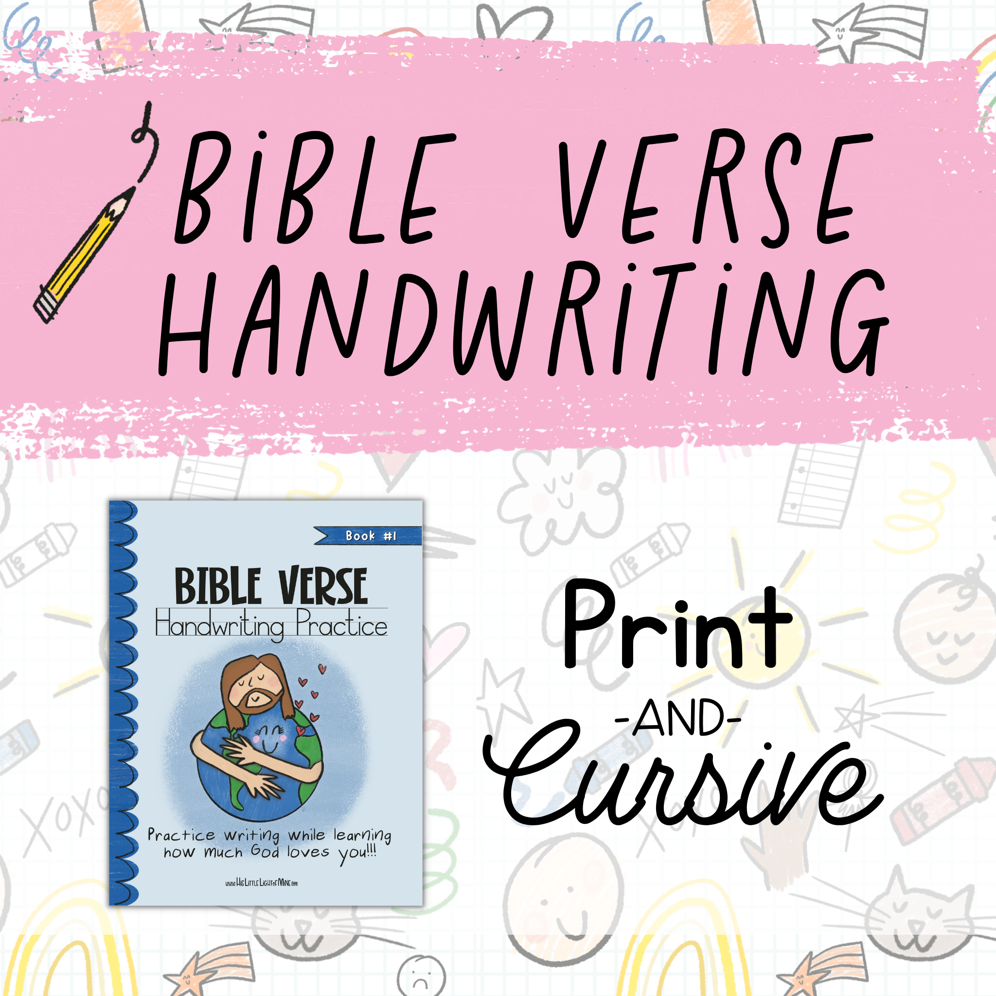 Bible Verse Handwriting Books in Print and Cursive Button created on Kindle Direct Publishing by self published author and illustrator Lindsay Dain.