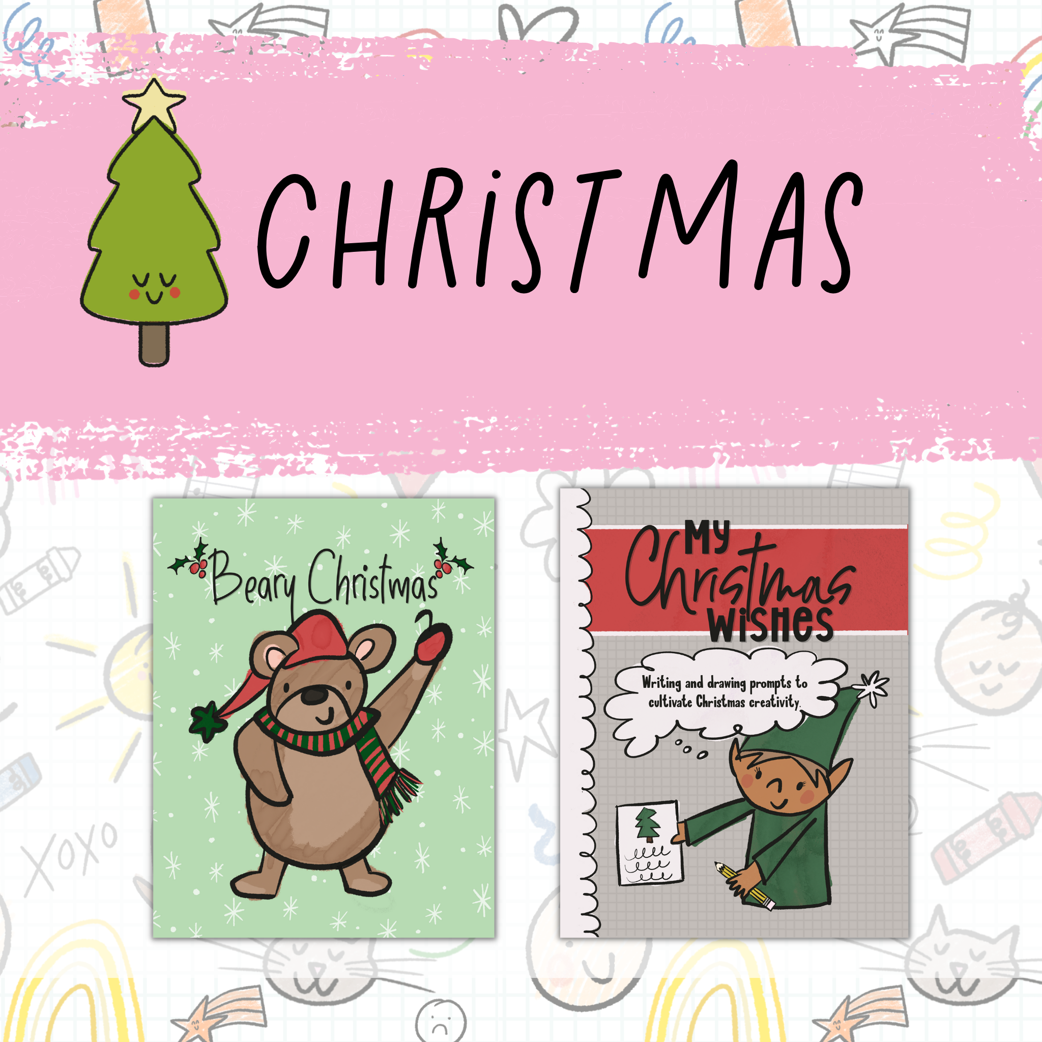 o	Button representing a variety Christmas items including workbooks, journals and sketchbooks created on Kindle Direct Publishing by self published author and illustrator Lindsay Dain.