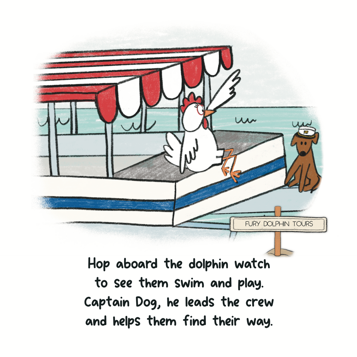 A Key West iconic Fury Dolphin watch illustration from self published author and illustrator, Lindsay Dain's book titled "Why Did the Chicken Cross the Road in Key West?" created and available through Amazon KDP and Kindle Direct Publishing