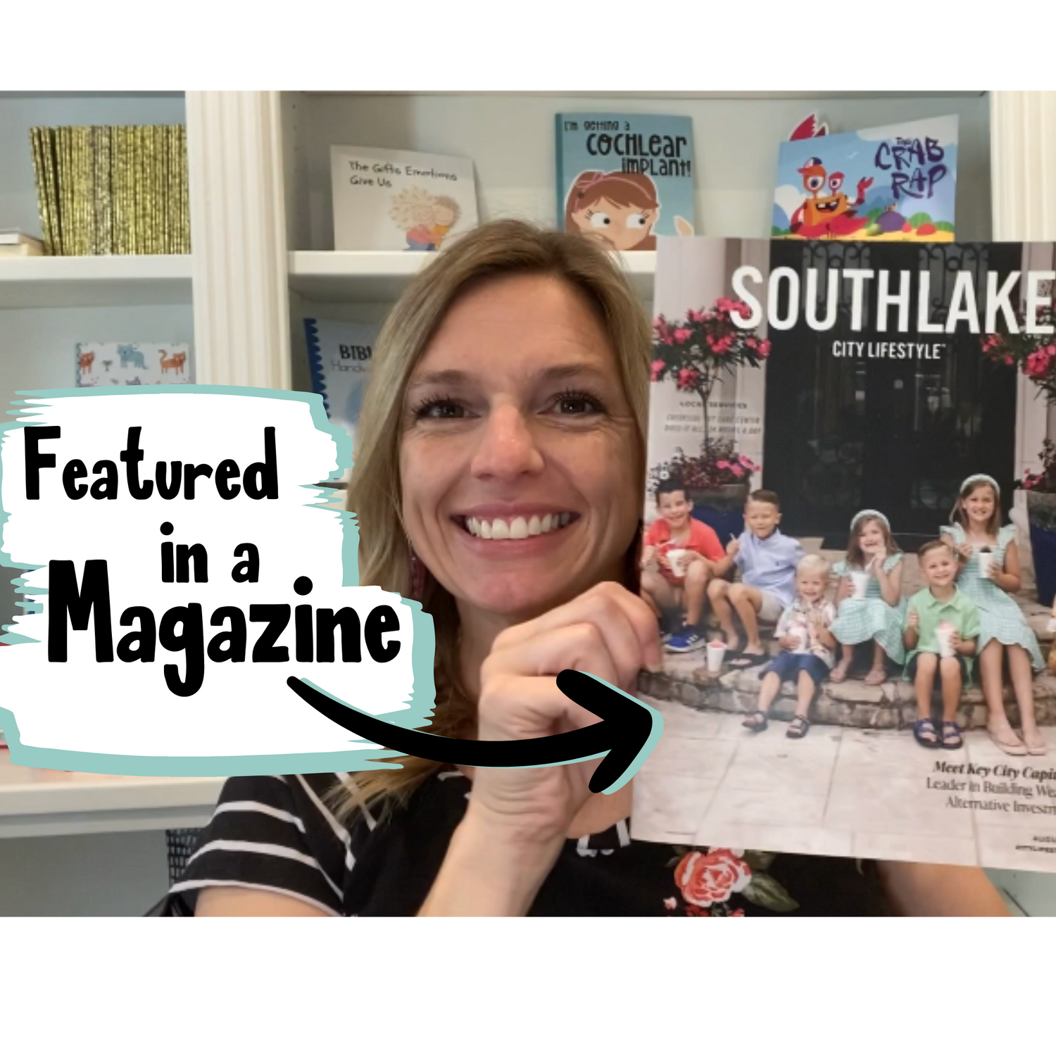 self-published author and illustrator holding the August 2023Southlake City Lifestyle edition which features her self published works created through Kindle Direct Publishing