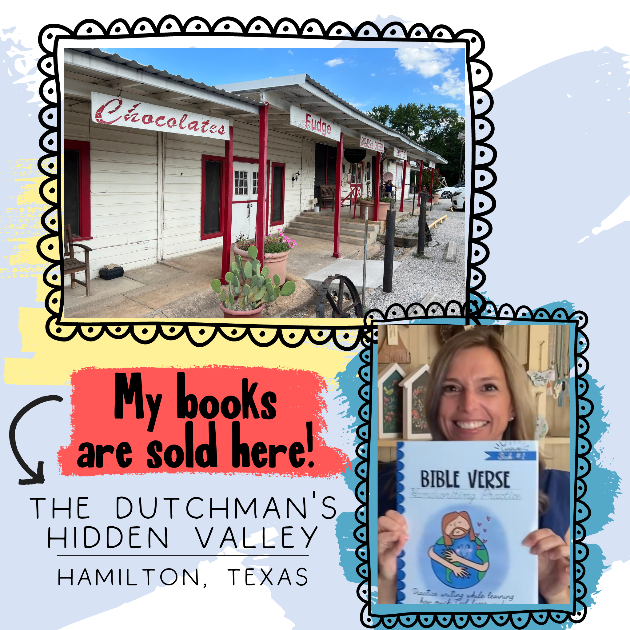 Amazon KDP's Self Published Author and Illustrator Lindsay Dain holding her Bible Verse Handwriting Book that she created through the Kindle Direct Publishing platform. She is at a store where it is sold called "The Dutchman's Hidden Valley."