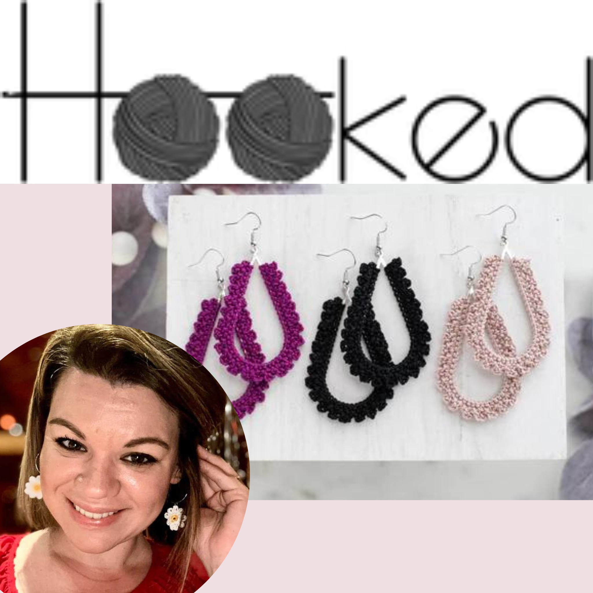 Monika Creator of the jewelry company Hooked Crochet with samples of her earrings