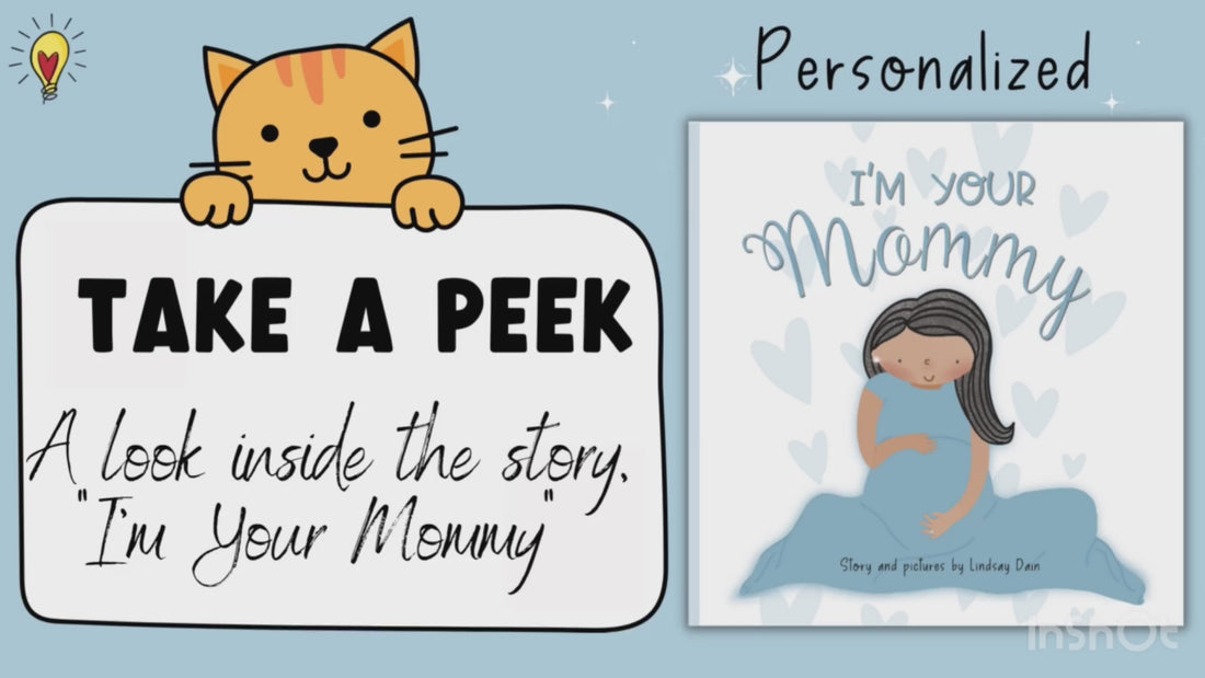 Video from the YouTube channel @shineandselfpublish showing a sneak peek at the features of the self published book "I'm Your Mommy," a mommy-to-be or baby shower gift. The mom is in blue for a son. 