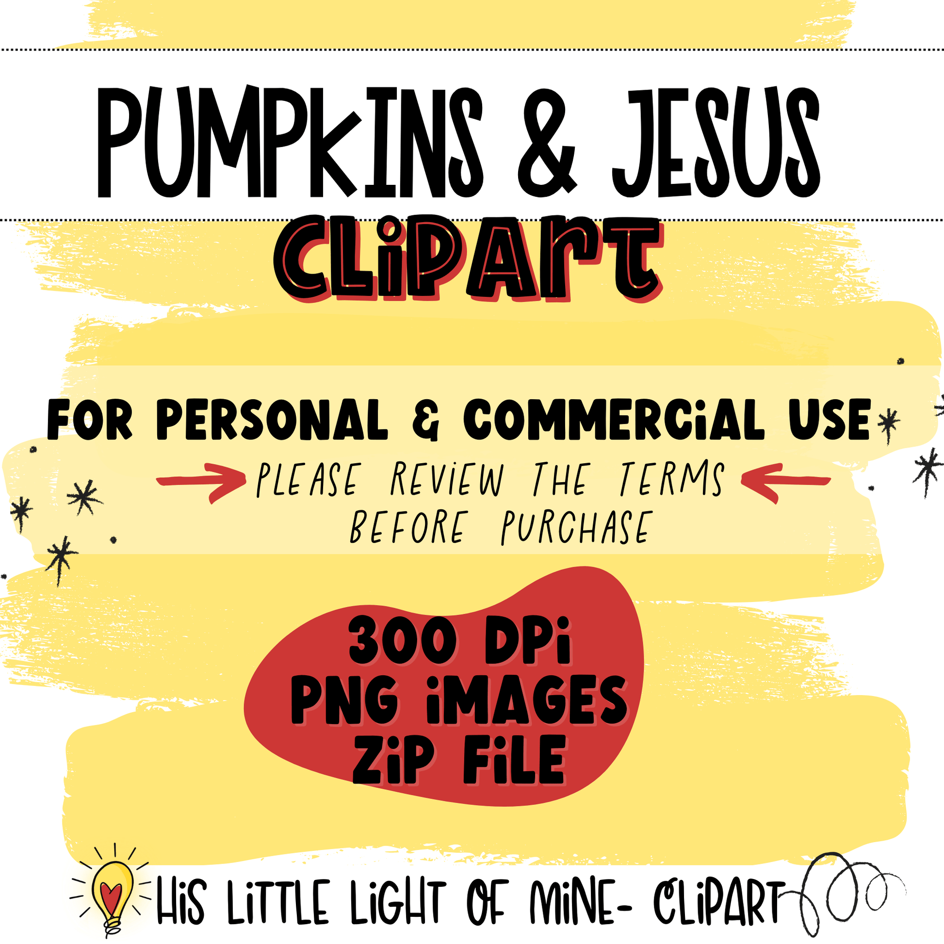 Pumpkins and Jesus clip art pack features both personal and commercial use (with terms) and the types and sizes of the files. 
