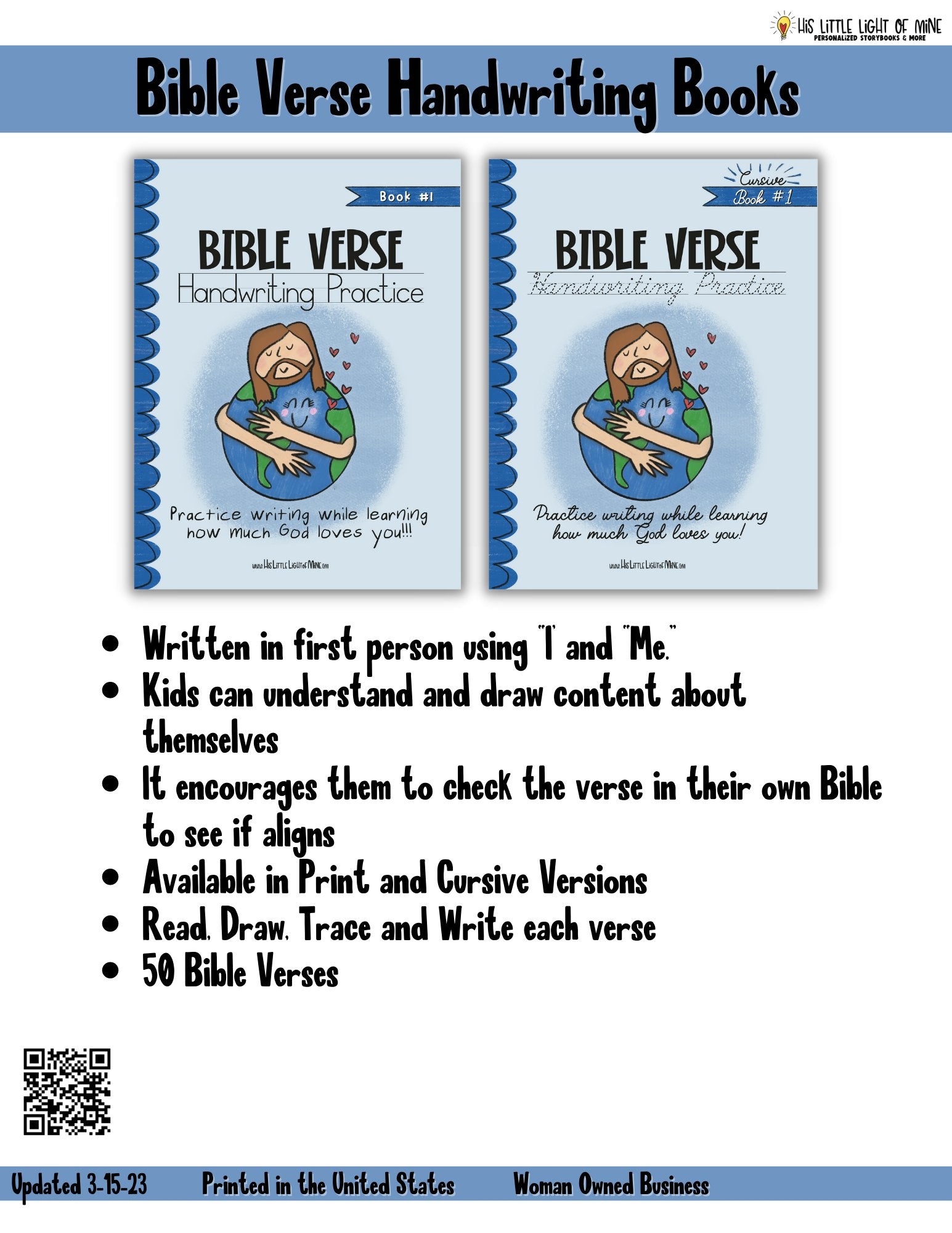 Bulk ad of the Bible Verse Handwriting Books available in both print and cursive, self-published through Amazon Kindle Direct Publishing