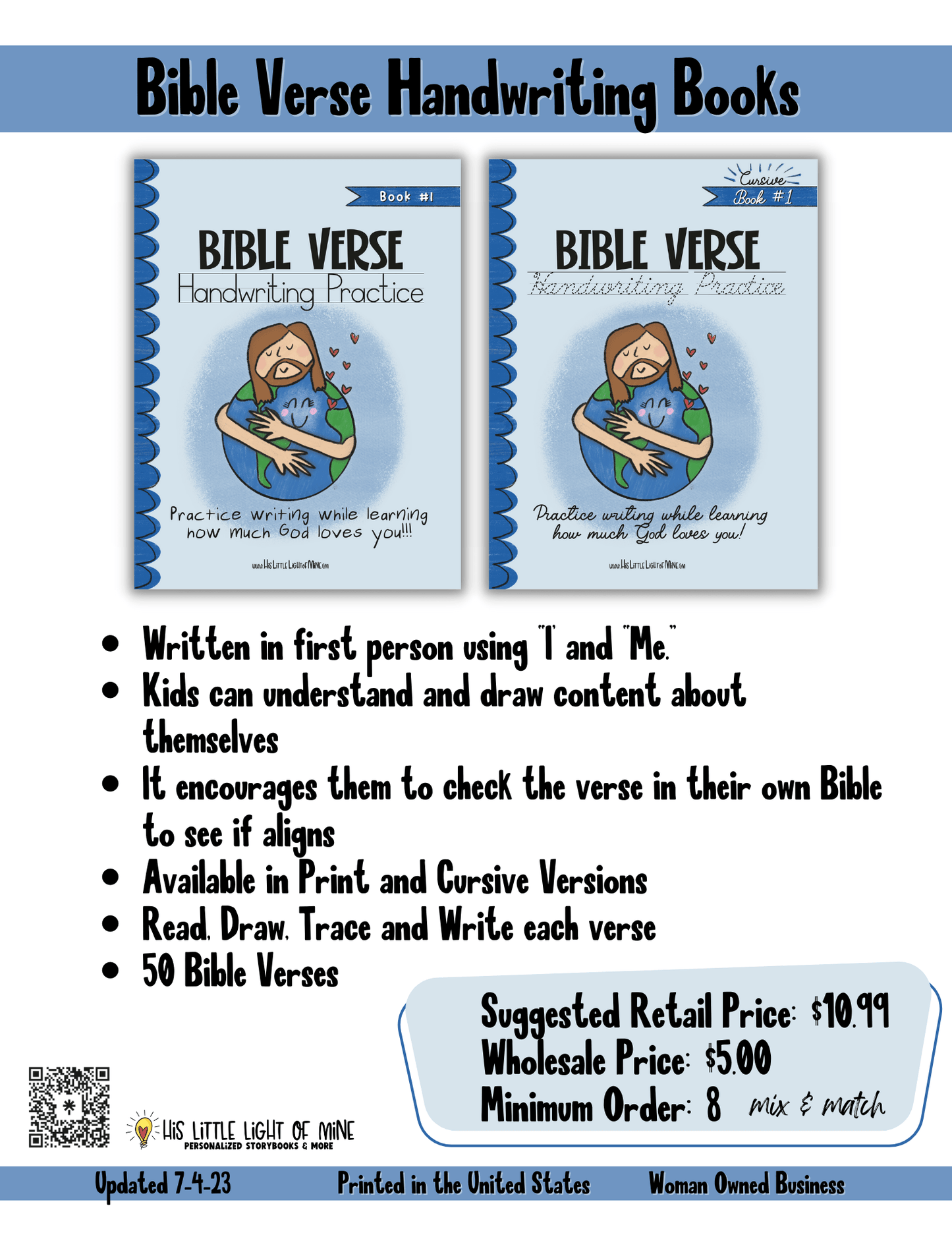 Wholesale ad of the Bible Verse Handwriting Books available in both print and cursive, self-published through Amazon Kindle Direct Publishing