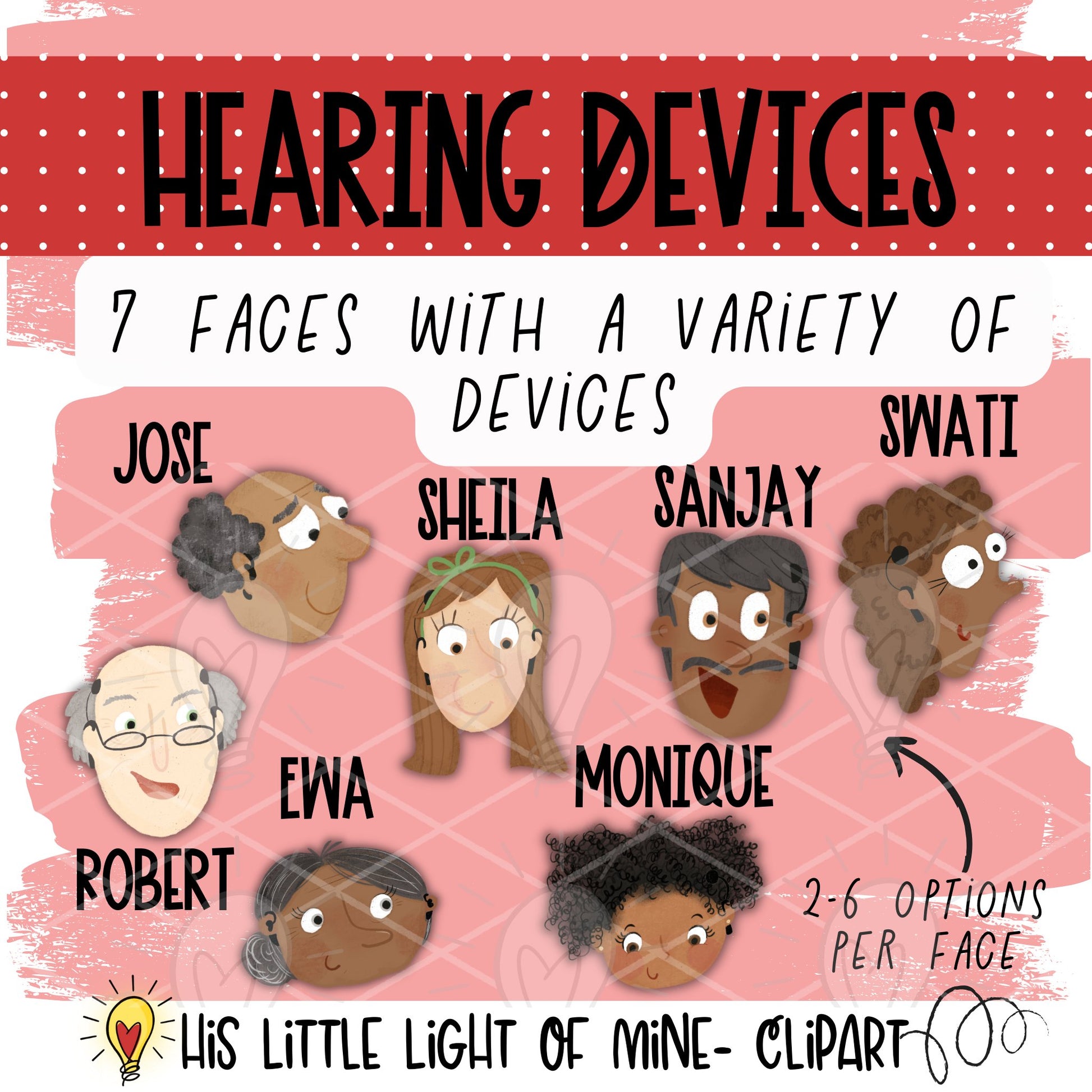 Clip art images of all seven, named adults both men and women wearing mixed devices including cochlear implants and hearing aids 