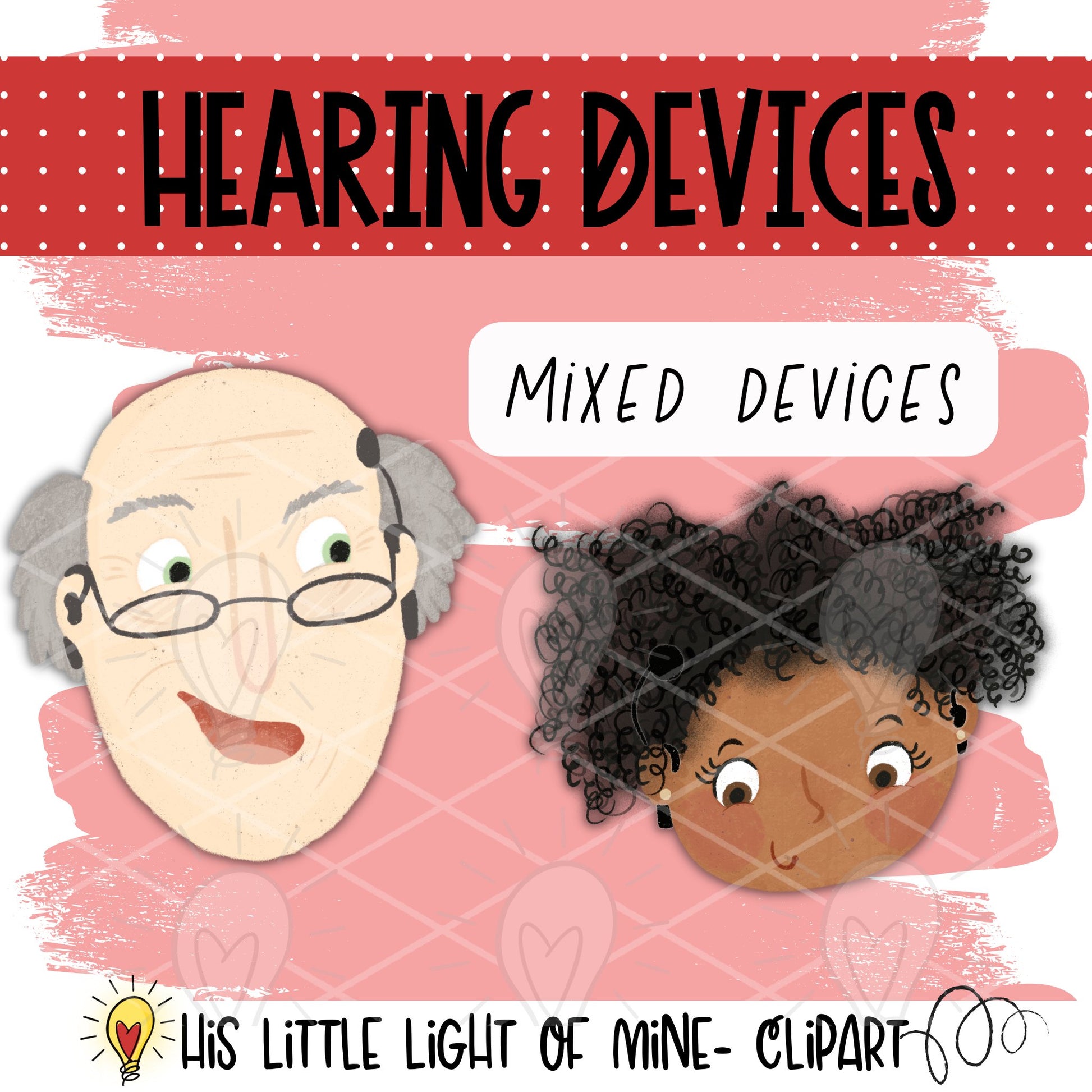 Example clip art images of adults wearing mixed devices, both cochlear implants and hearing aids 