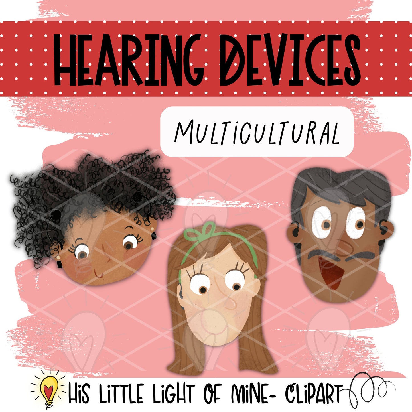 Includes Multicultural options of the Hearing Devices for adults clip art pack featuring cochlear implants and hearing aids, single, bilateral and mixed devices.