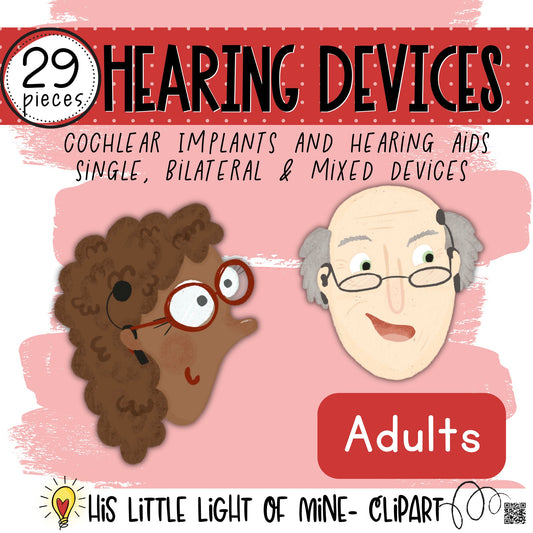Cover Image of the Hearing Devices for adults clip art pack featuring cochlear implants and hearing aids, single, bilateral and mixed devices.