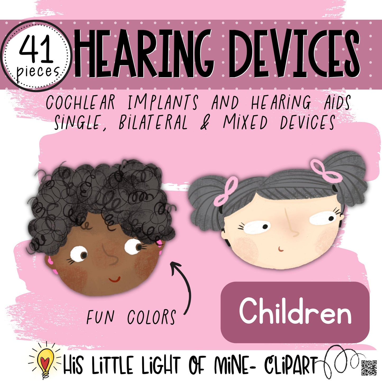 Cover Image of the Hearing Devices for children clip art pack featuring cochlear implants and hearing aids, single, bilateral and mixed devices.