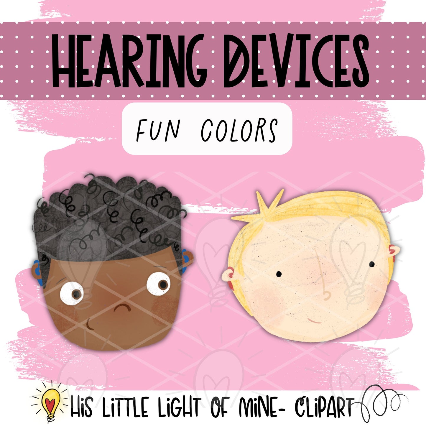 Images of the Hearing Devices for children clip art pack featuring colorful hearing aids 