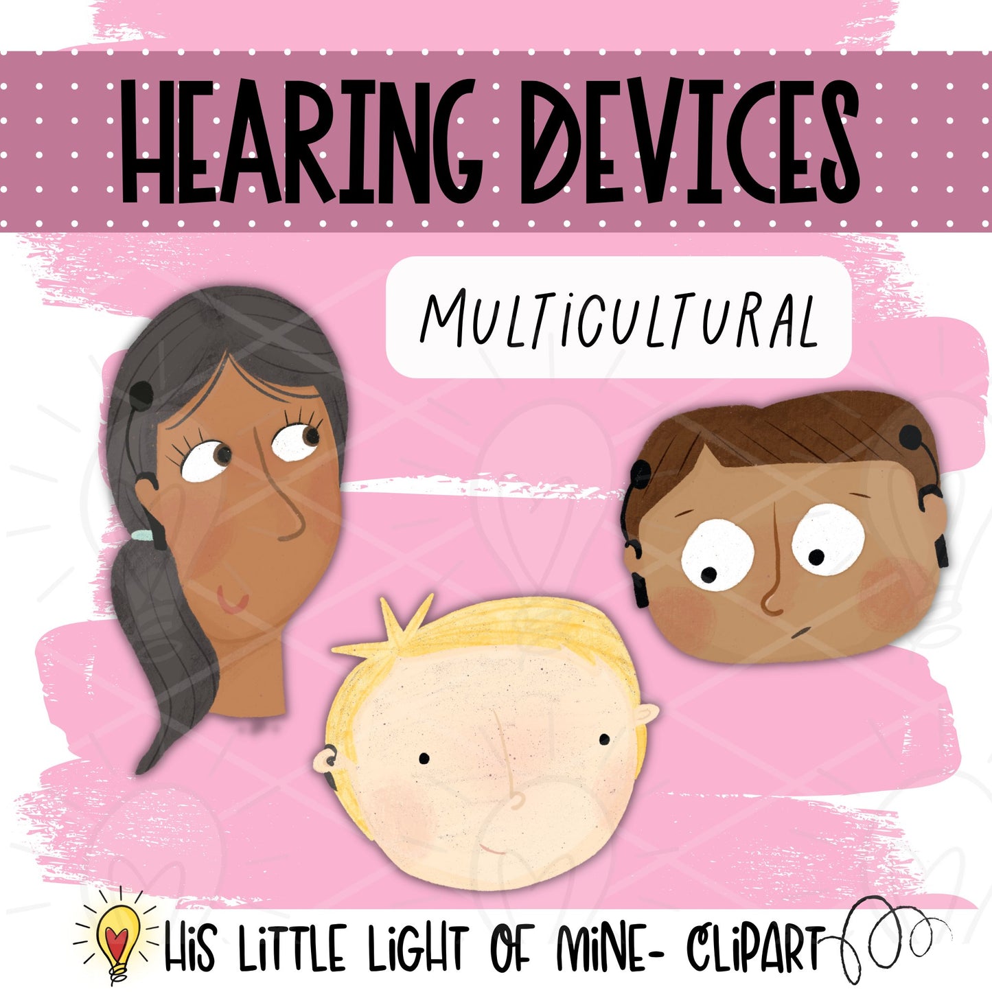 Includes Multicultural options of the Hearing Devices for children clip art pack featuring cochlear implants and hearing aids, single, bilateral and mixed devices.