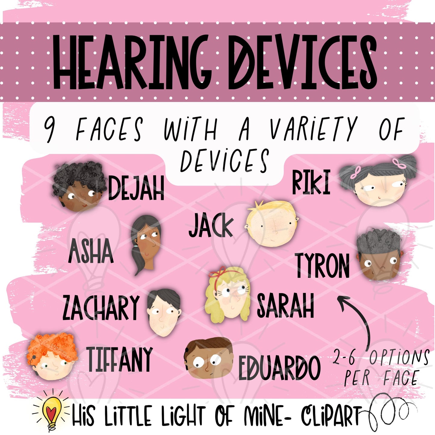Clip art images of all nine, named children both boys and girls wearing mixed devices including cochlear implants and hearing aids 