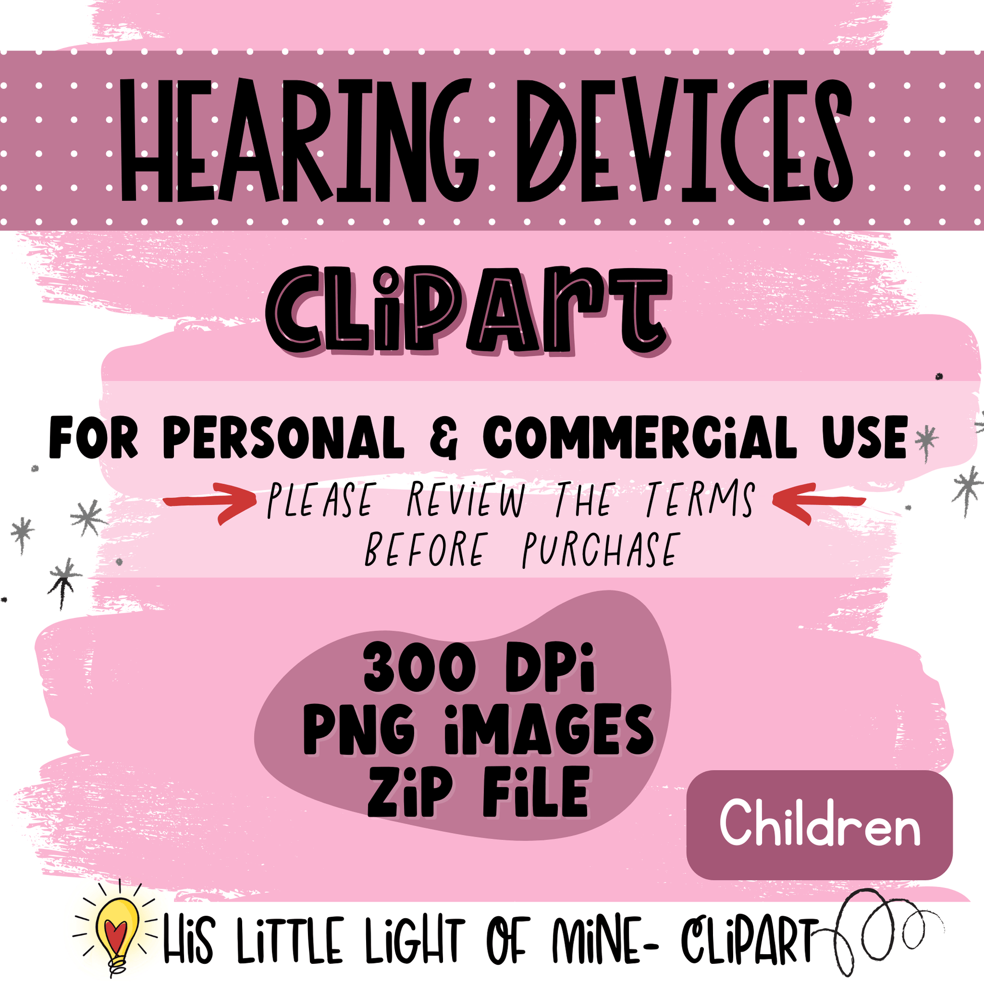 Hearing Devices Children clip art pack features both personal and commercial use (with terms) and the types and sizes of the files. 