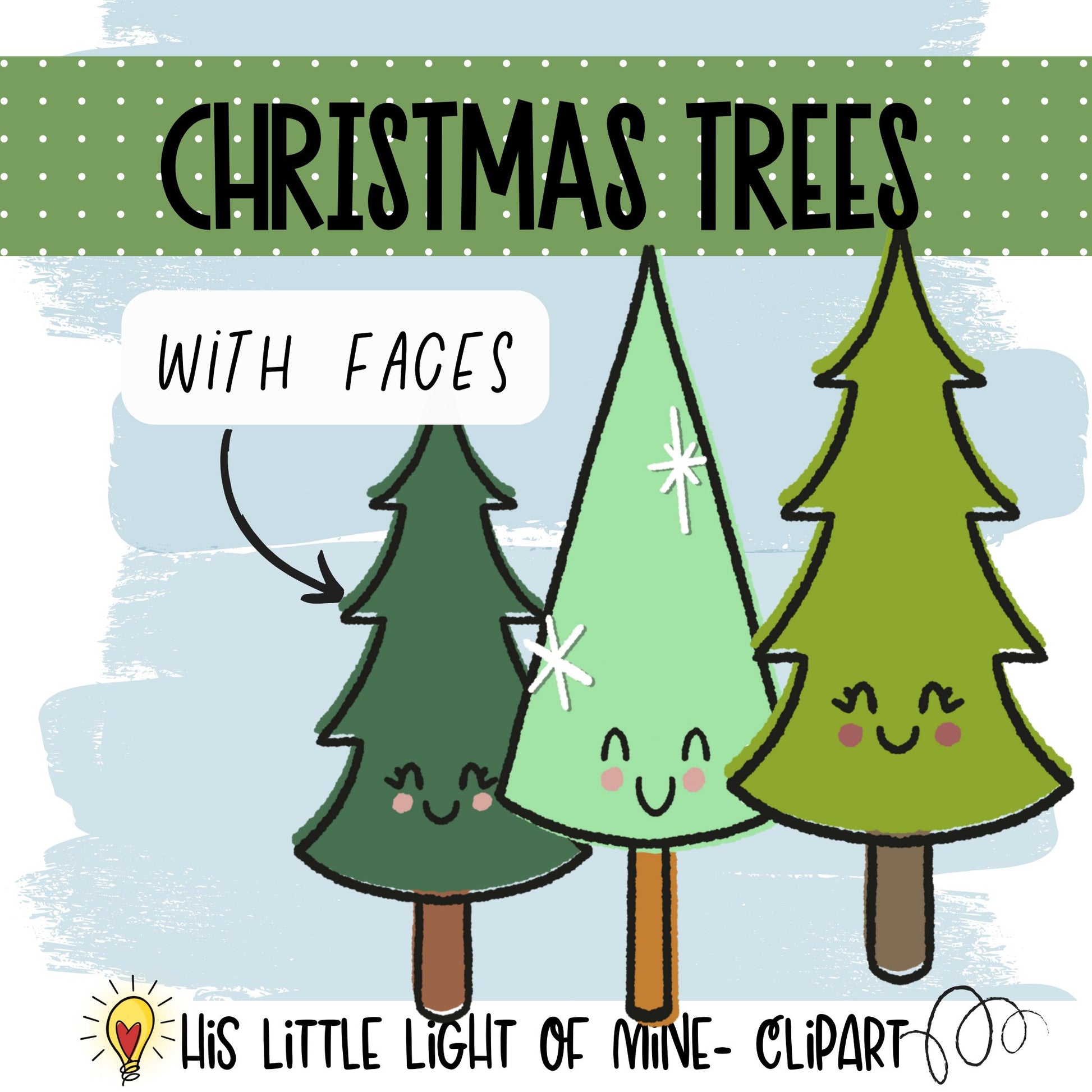 Happy Christmas Trees clip art pack showing Christmas trees with faces in color