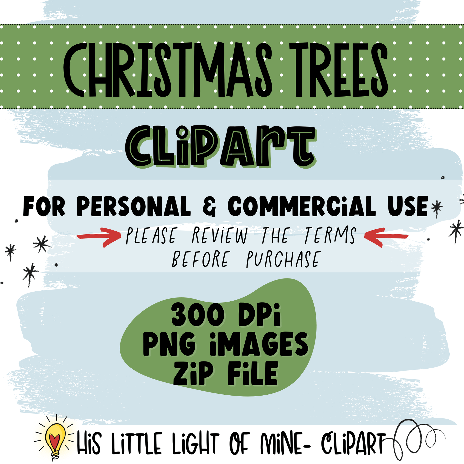 Happy Christmas Trees clip art pack features both personal and commercial use (with terms) and the types and sizes of the files. 