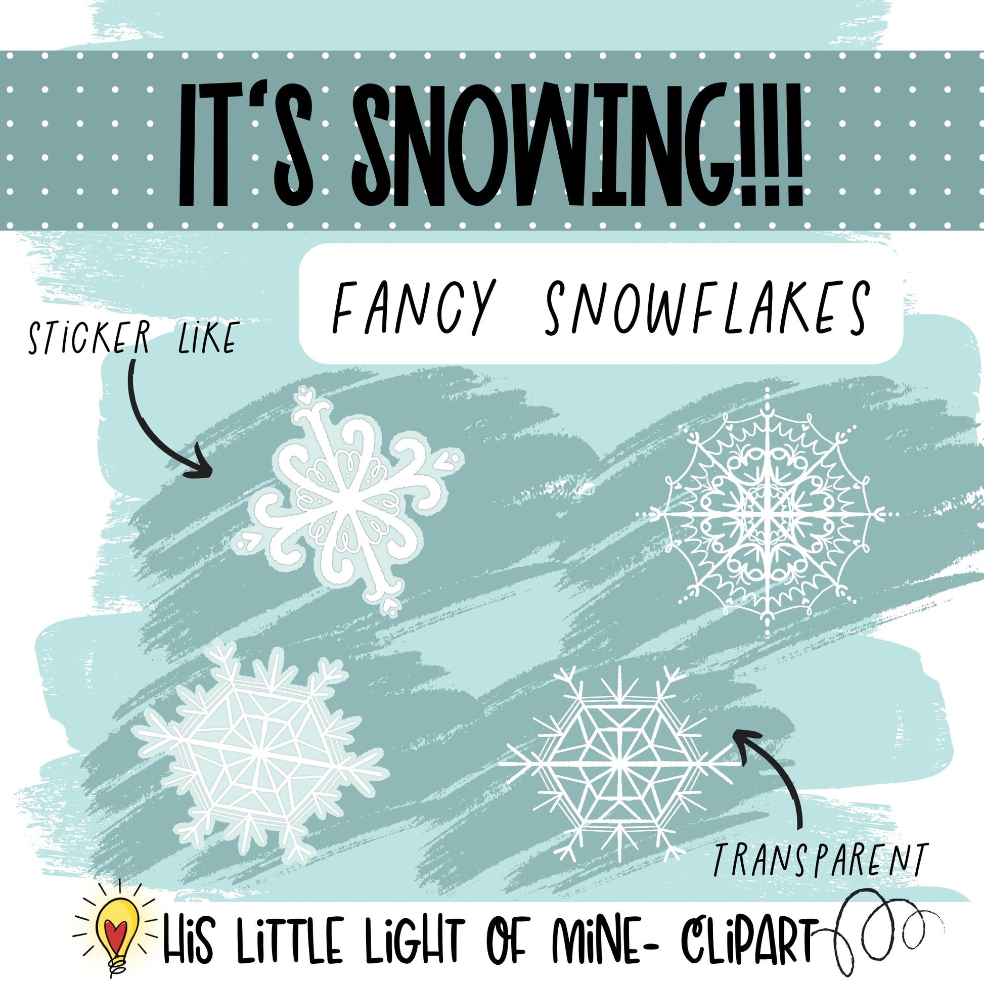 It’s Snowing clip art pack showing fancy snowflakes in a sticker like style and transparent
