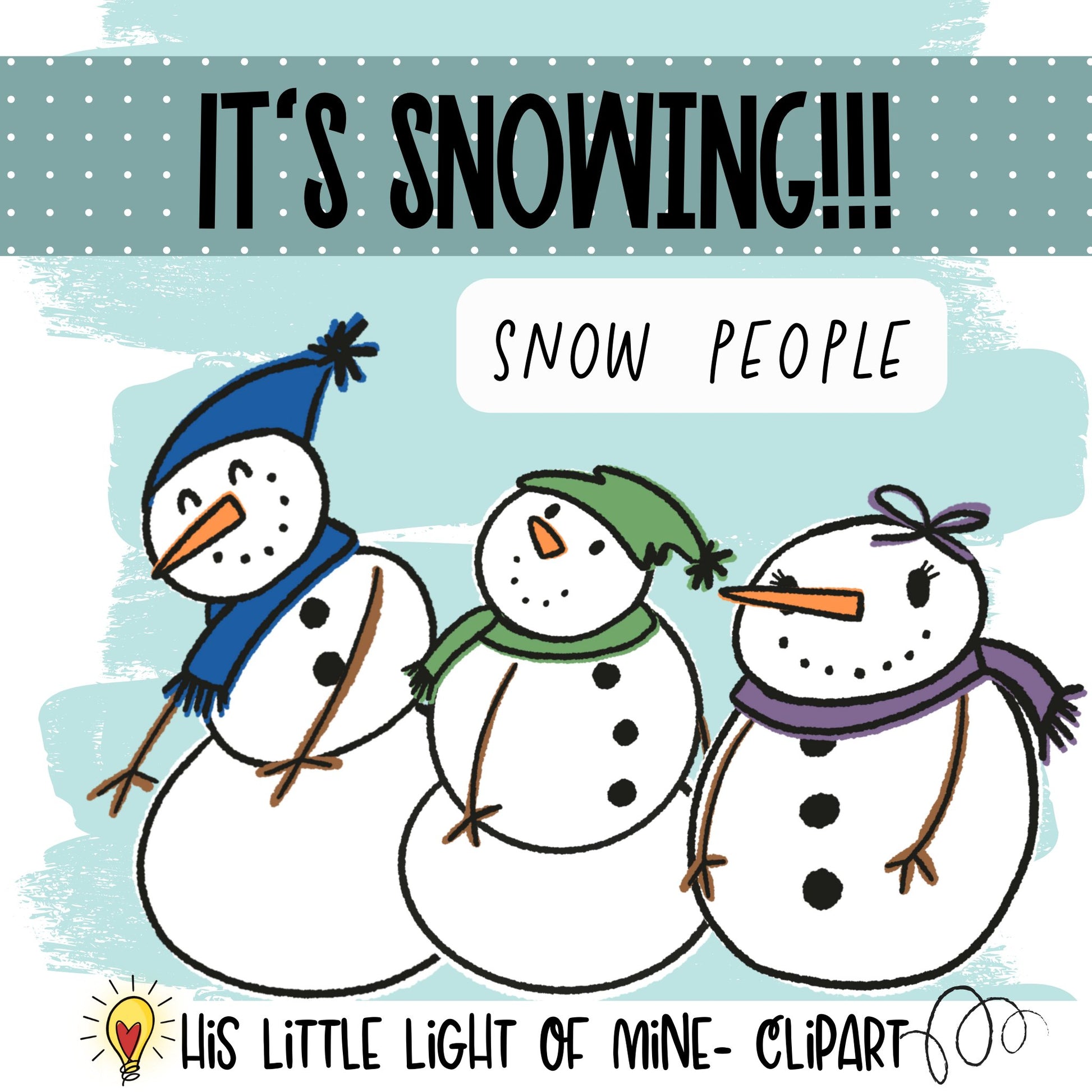 It’s Snowing clip art pack showing snow people, snowmen, snowman, snowwoman, snowgirl, snowboy