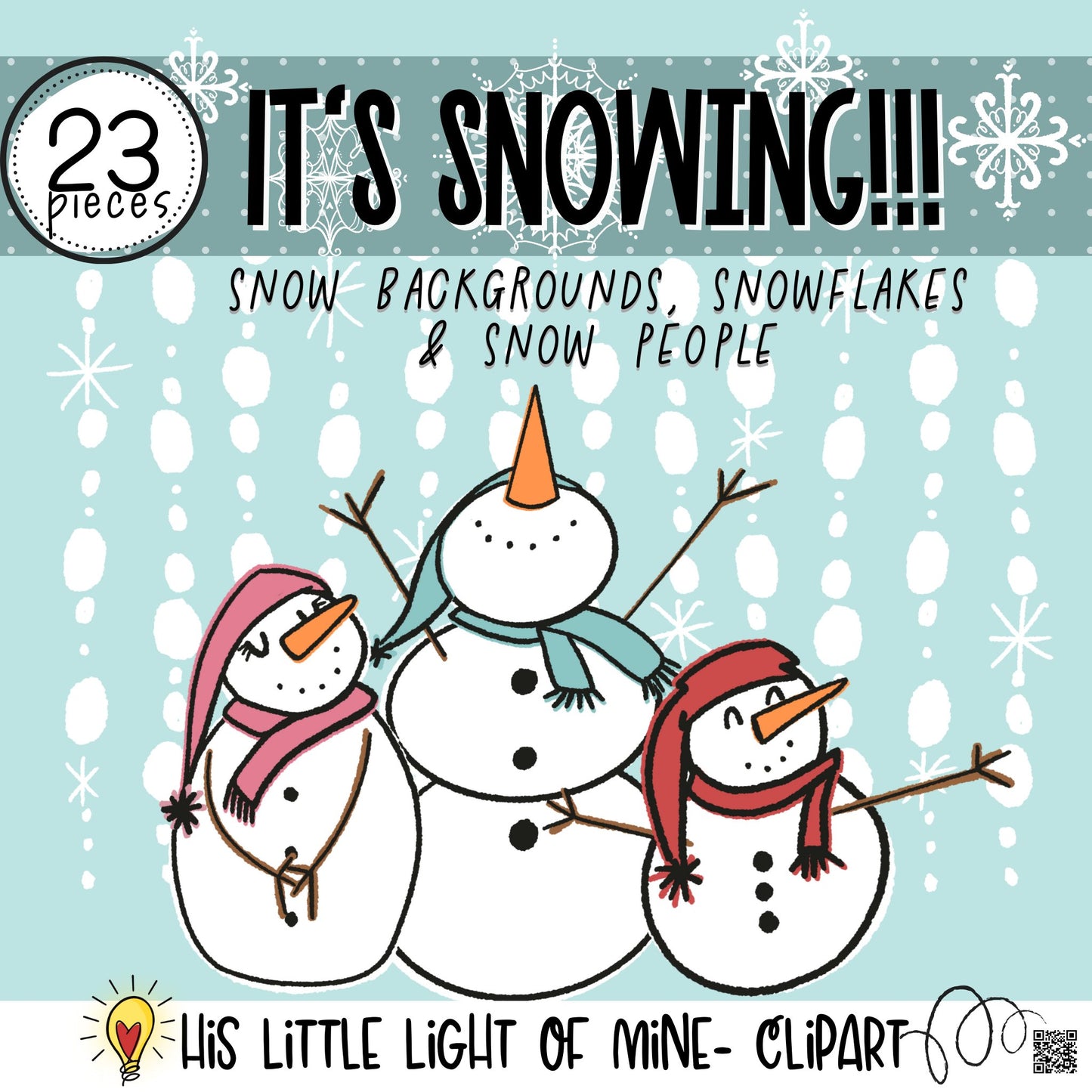 Cover Image of the It’s Snowing clip art pack featuring snow backgrounds, snowflakes and snow people, snowmen, snowman, snowwoman, snowgirl, snowboy