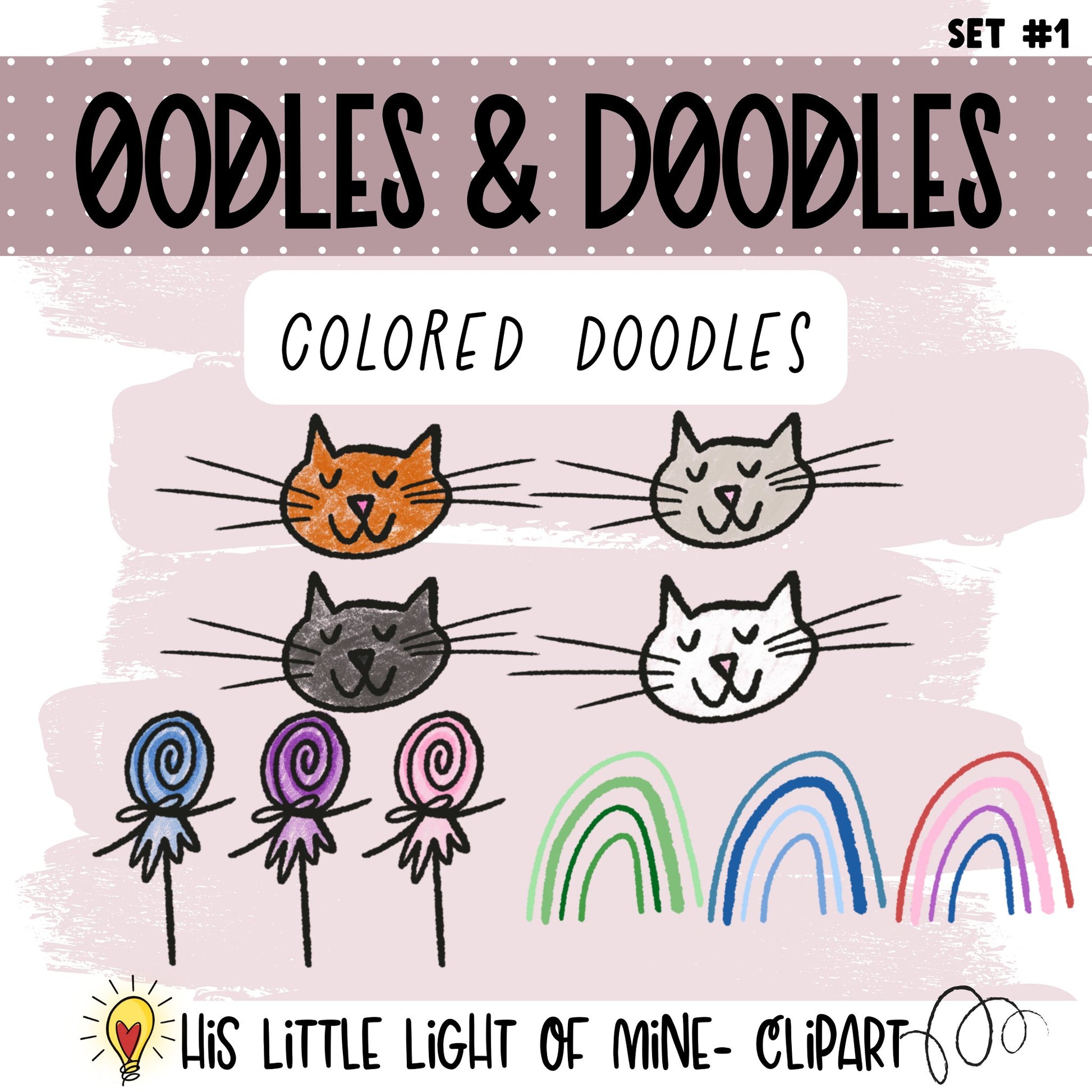 Oodles & Doodles Clip Art Set #1 clip art pack showing colored doodles of cats, lollipops and rainbows