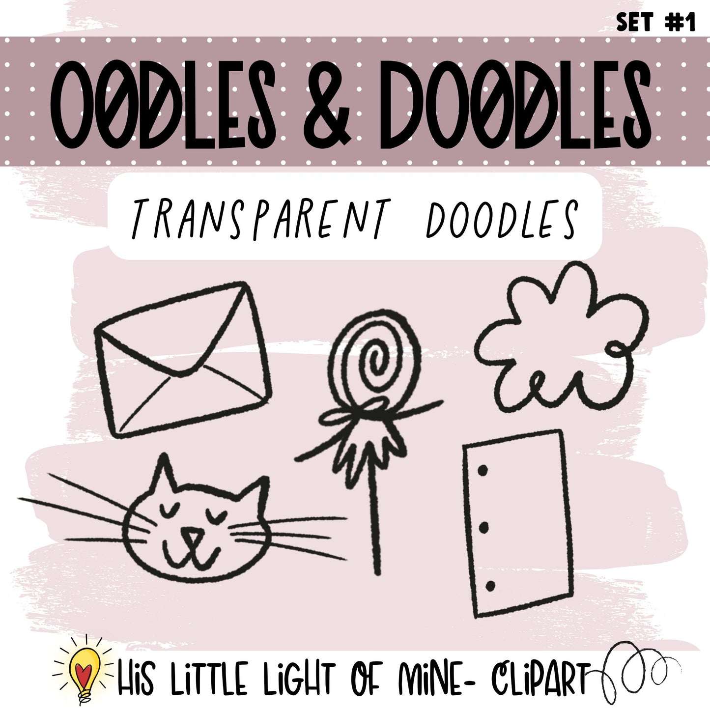Oodles & Doodles Clip Art Set #1 clip art pack showing transparent doodles of a cat, lollipop, paper, cloud and an envelope