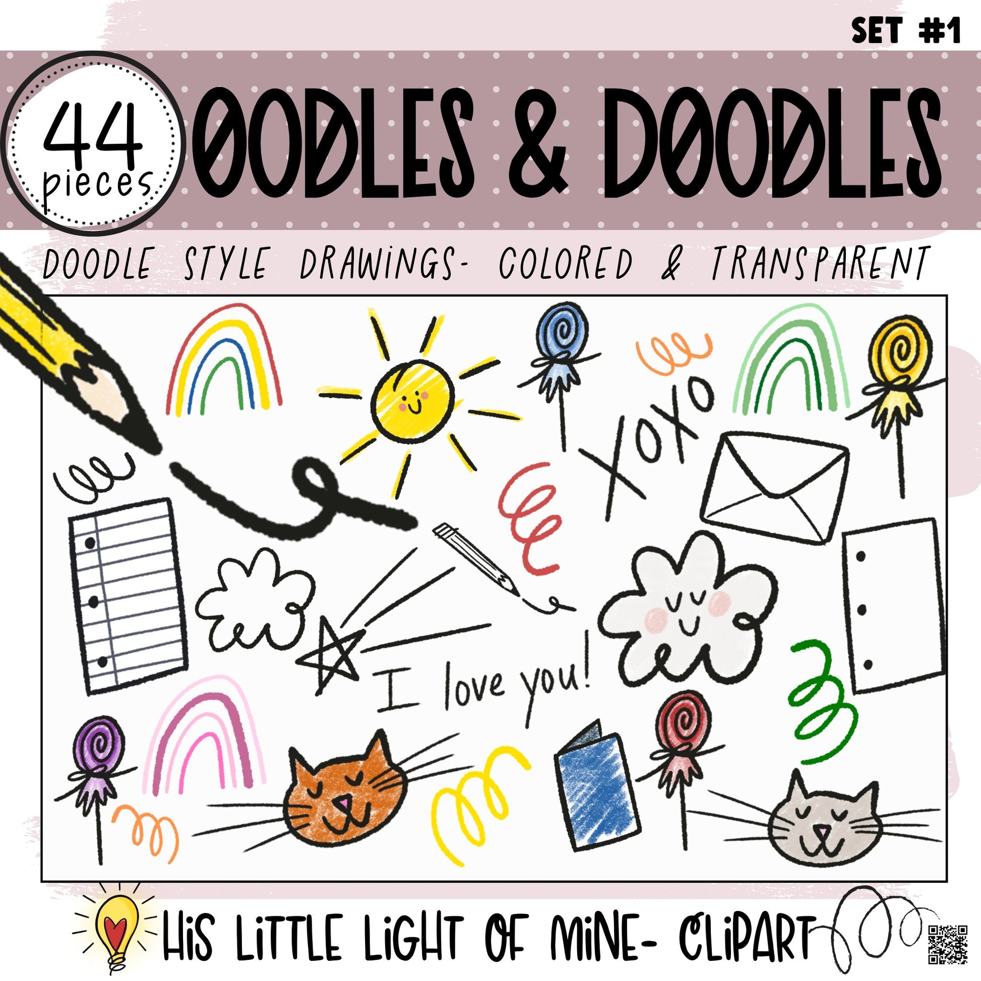 Cover Image of the Oodles & Doodles Clip Art Set #1 clip art pack featuring hand drawn doodle style images including rainbows, swirls, cats, smiles and lollipops in both color and transparent