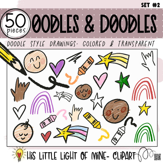 	Cover Image of the Oodles & Doodles Clip Art Set #2 clip art pack featuring hand drawn doodle style images including smiley faces, American sign language handshape of “I love you” in 3 diverse skin colors, shooting stars, crayons, hearts, stars and rainbows in both color and transparent.