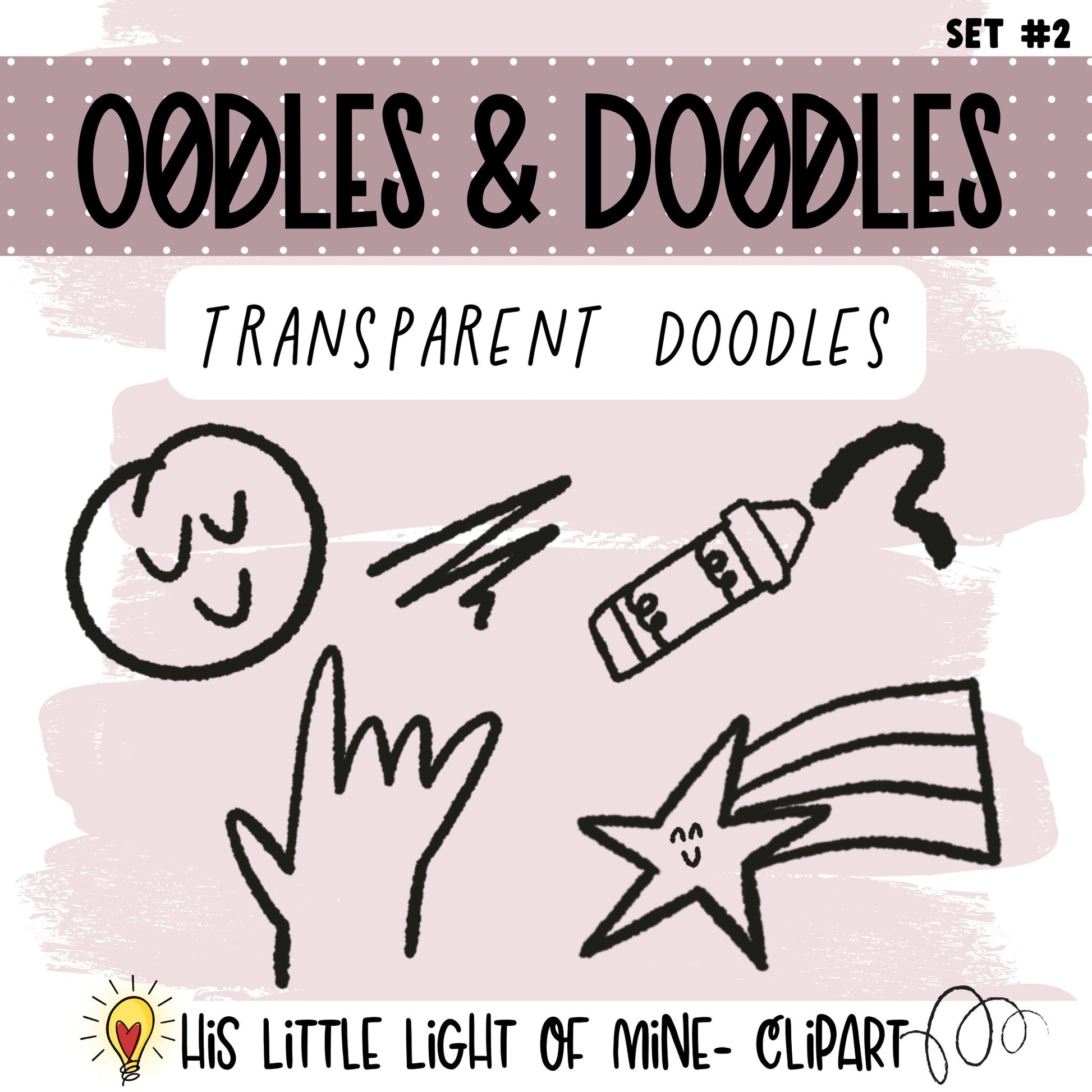 Oodles & Doodles Clip Art Set #2 clip art pack featuring  transparent doodles of a smiling face, the ASL handshape “I Love You,” a crayon, a squiggle and a shooting star.