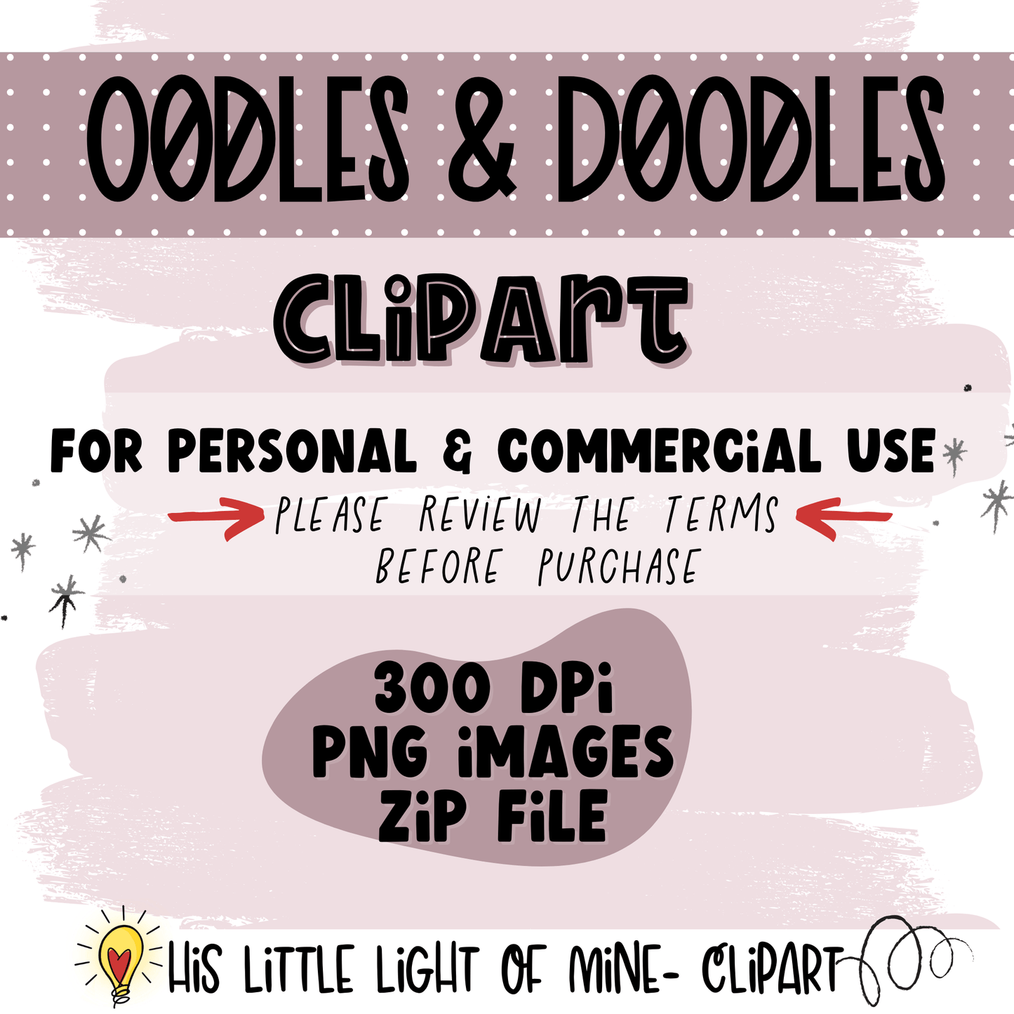 Oodles & Doodles Clip Art Set #2 clip art pack features both personal and commercial use (with terms) and the types and sizes of the files. 