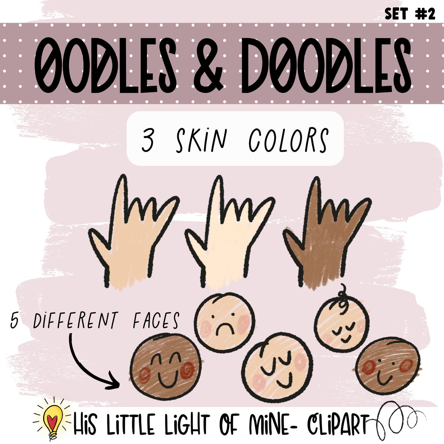 Oodles & Doodles Clip Art Set #2 clip art pack showing 3 diverse skin colors of the ASL handshape of “I love you,” and 5 different frowning and smiling faces