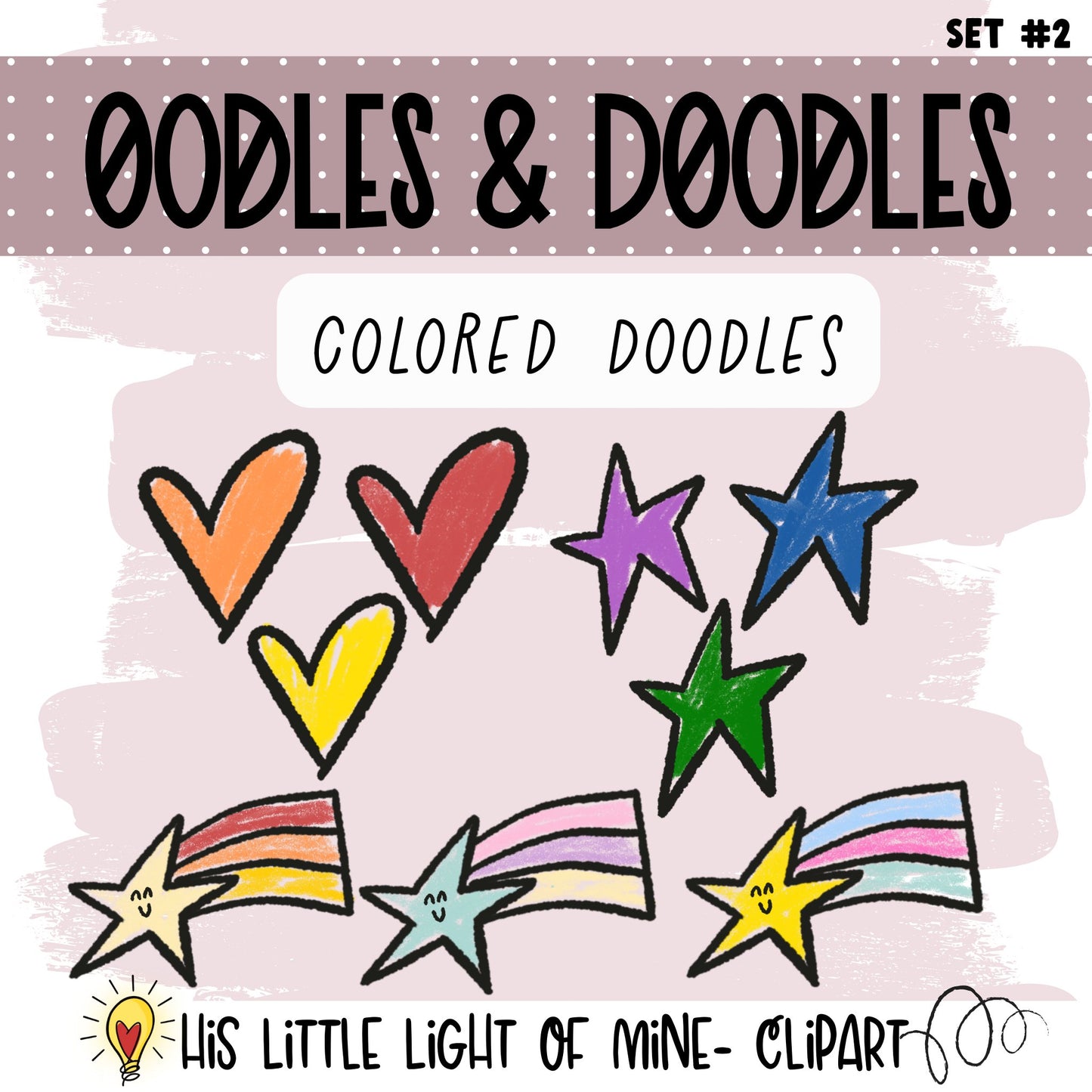 Oodles & Doodles Clip Art Set #2 clip art pack showing colored doodles of hearts, stars and shooting stars.