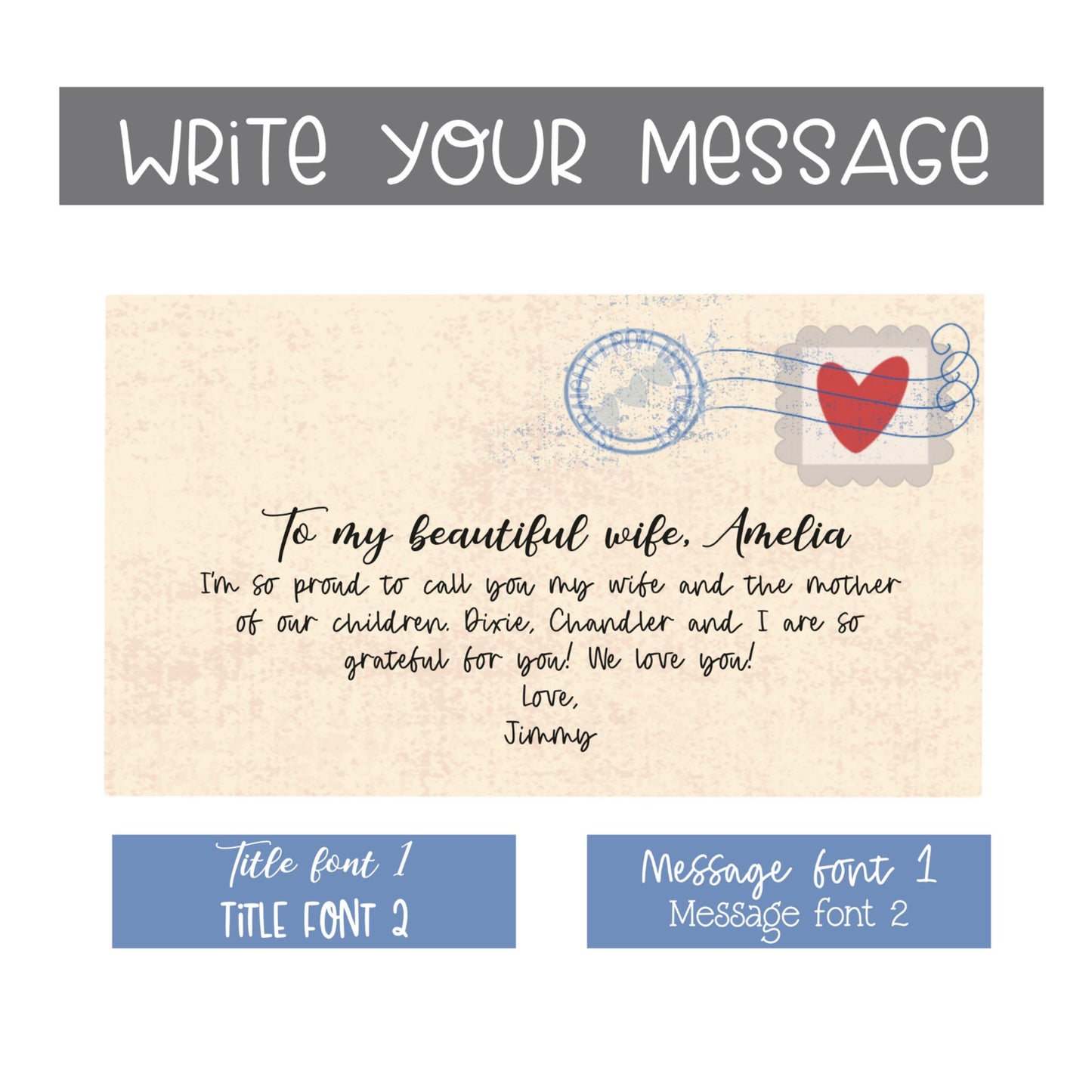 Write your message, example of the envelope, title, message and font options of the self-published personalized gift- a children’s picture book called “I’m Your Mommy”