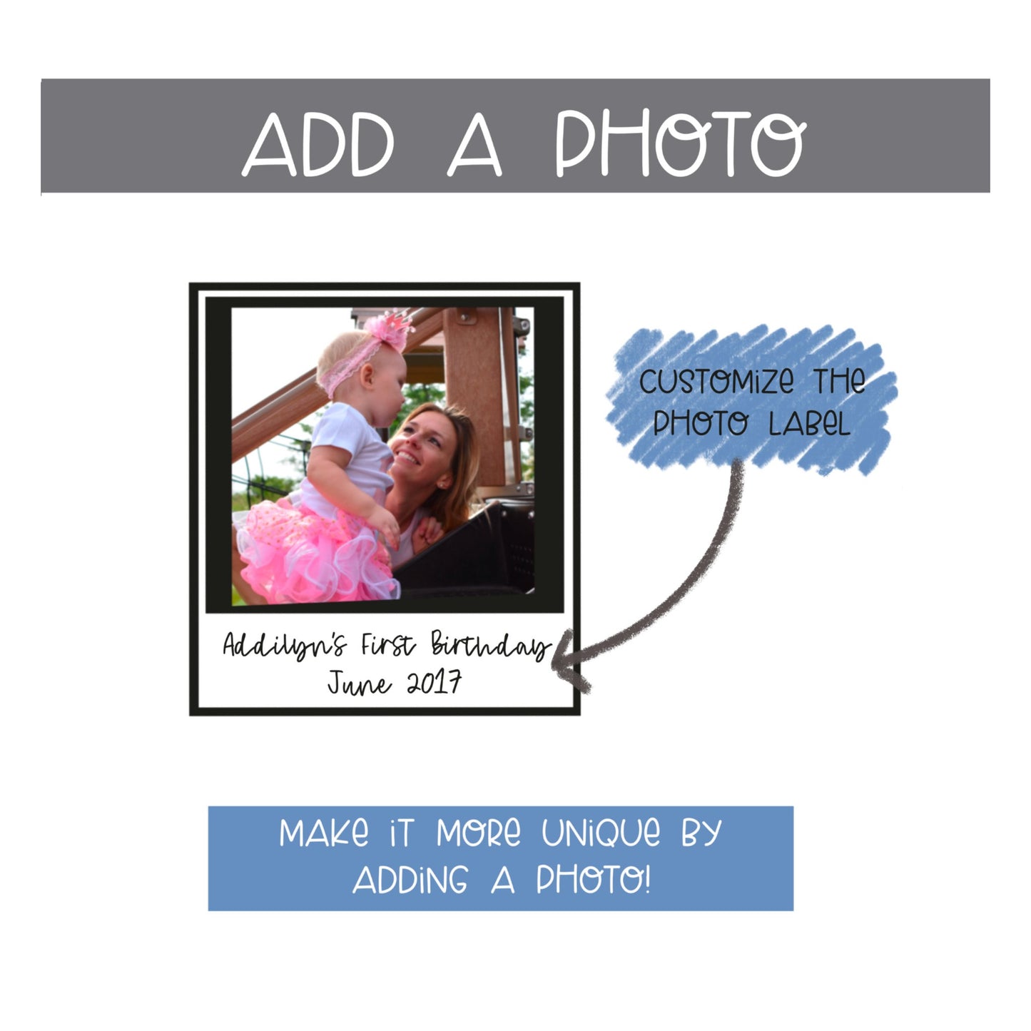 Add a photo, example of the photo space and label section of the self-published personalized gift- a children’s picture book called “I’m Your Mommy”