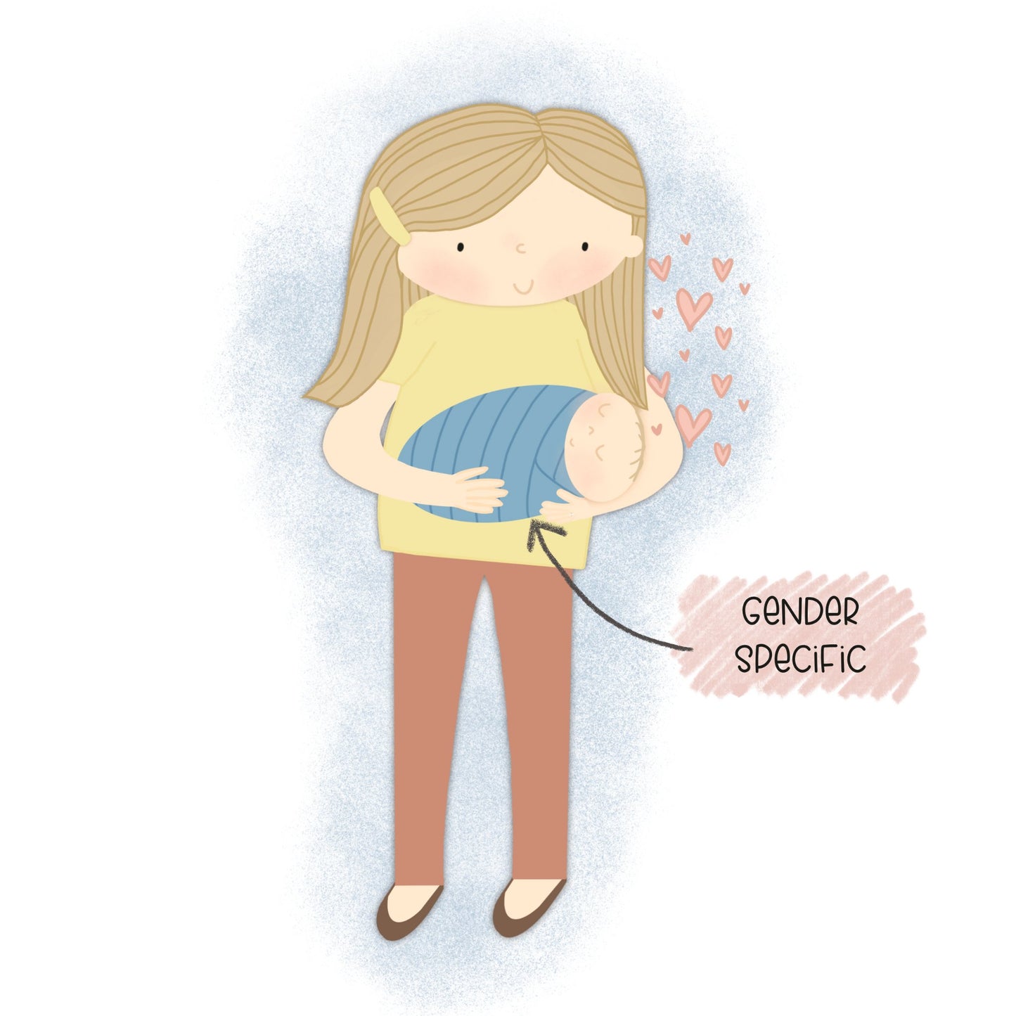 Example of the gender-specific colors of the baby in the blanket illustration in the self-published personalized gift- a children’s picture book called “I’m Your Mommy”