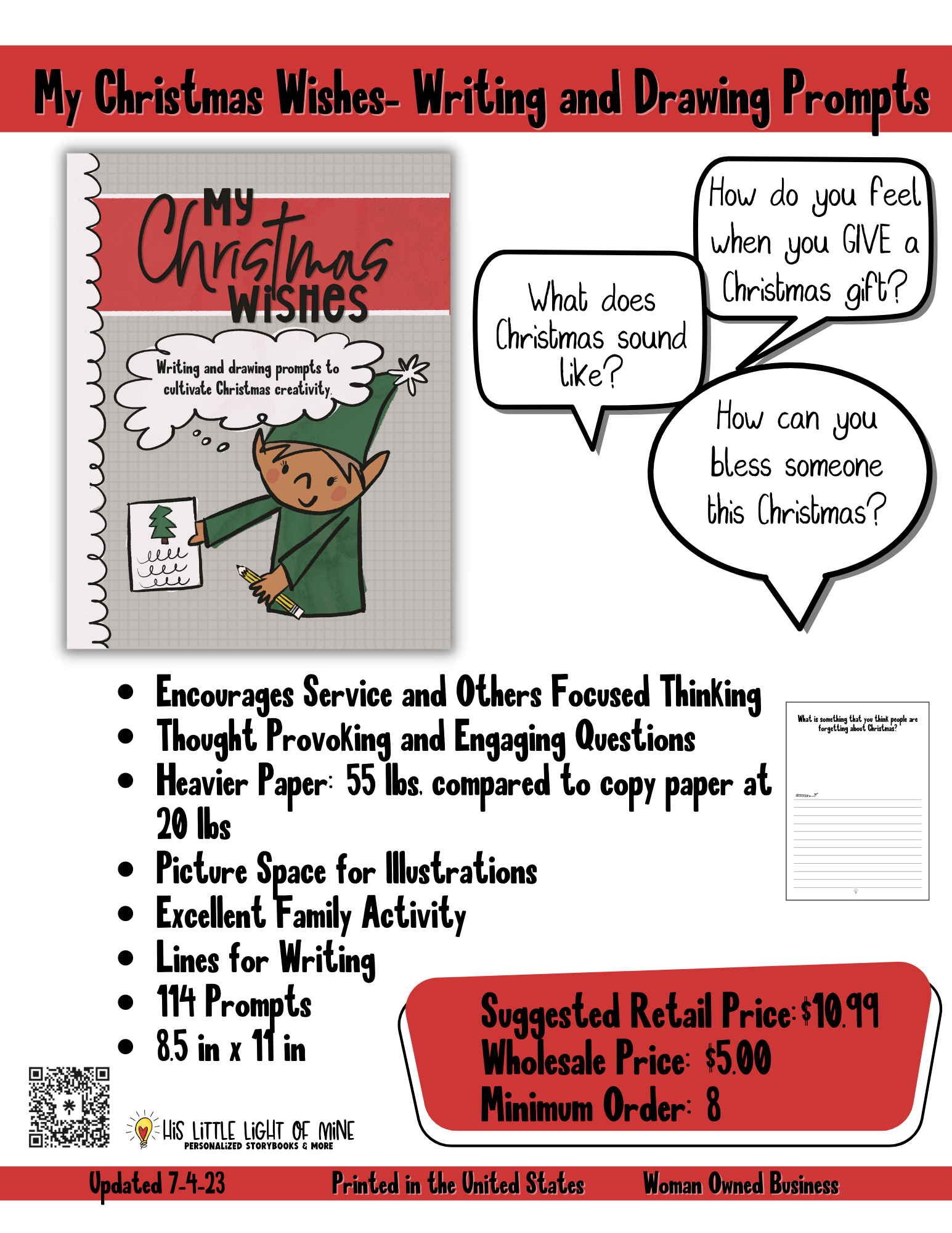 Wholesale ad of the children’s Christmas drawing and writing prompt book called “My Christmas Wishes” self-published through Amazon Kindle Direct Publishing