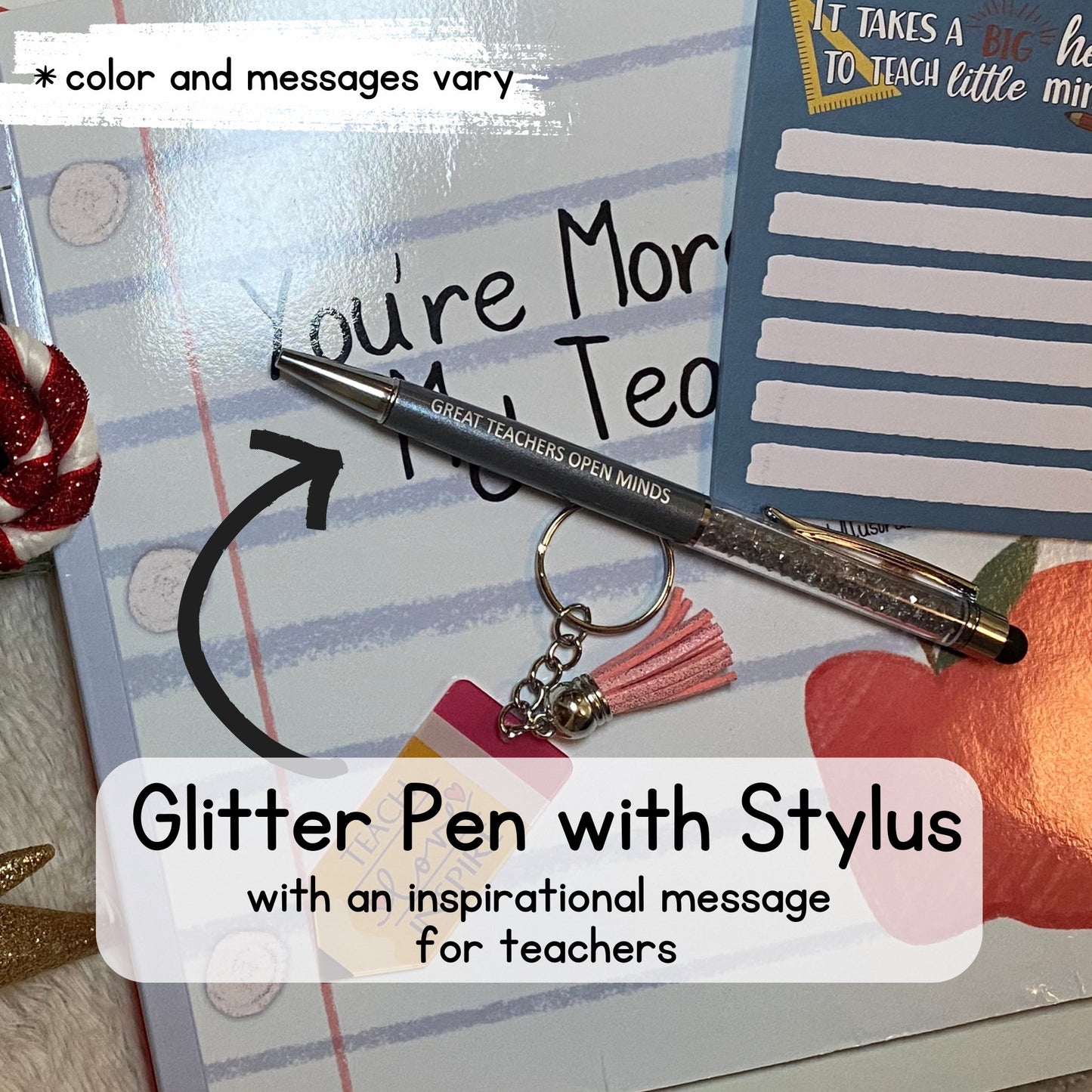 Image of one of the teacher themed glitter pen and stylus options included in the teacher gift set self published through Amazon KDP and Kindle Direct Publishing that includes a personalized copy of "You're More Than My Teacher."