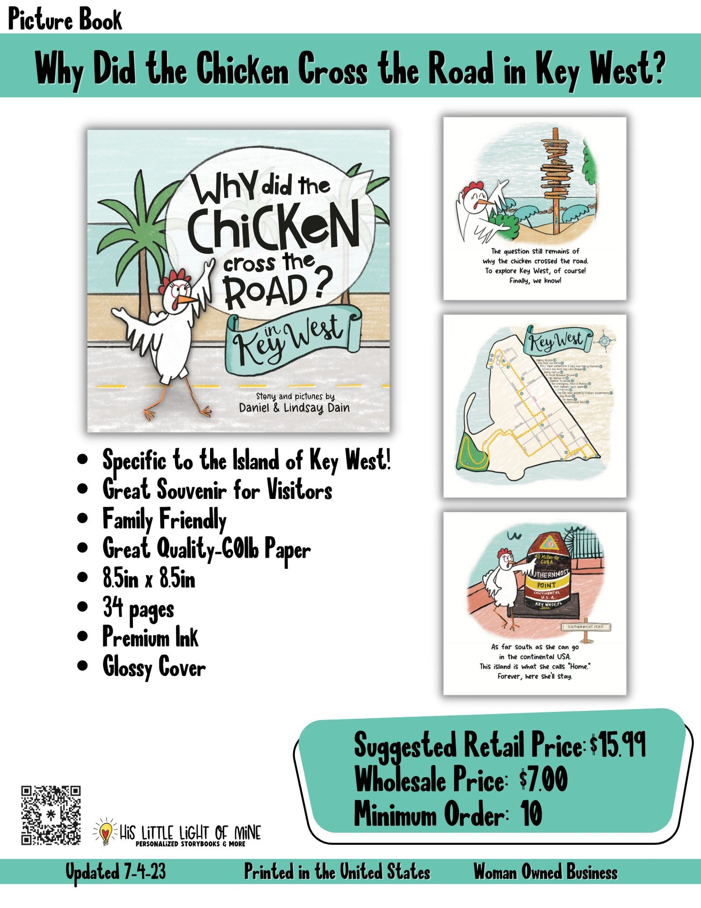 Wholesale ad of the children’s picture book called “Why Did the Chicken Cross the Road in Key West” self-published through Amazon Kindle Direct Publishing