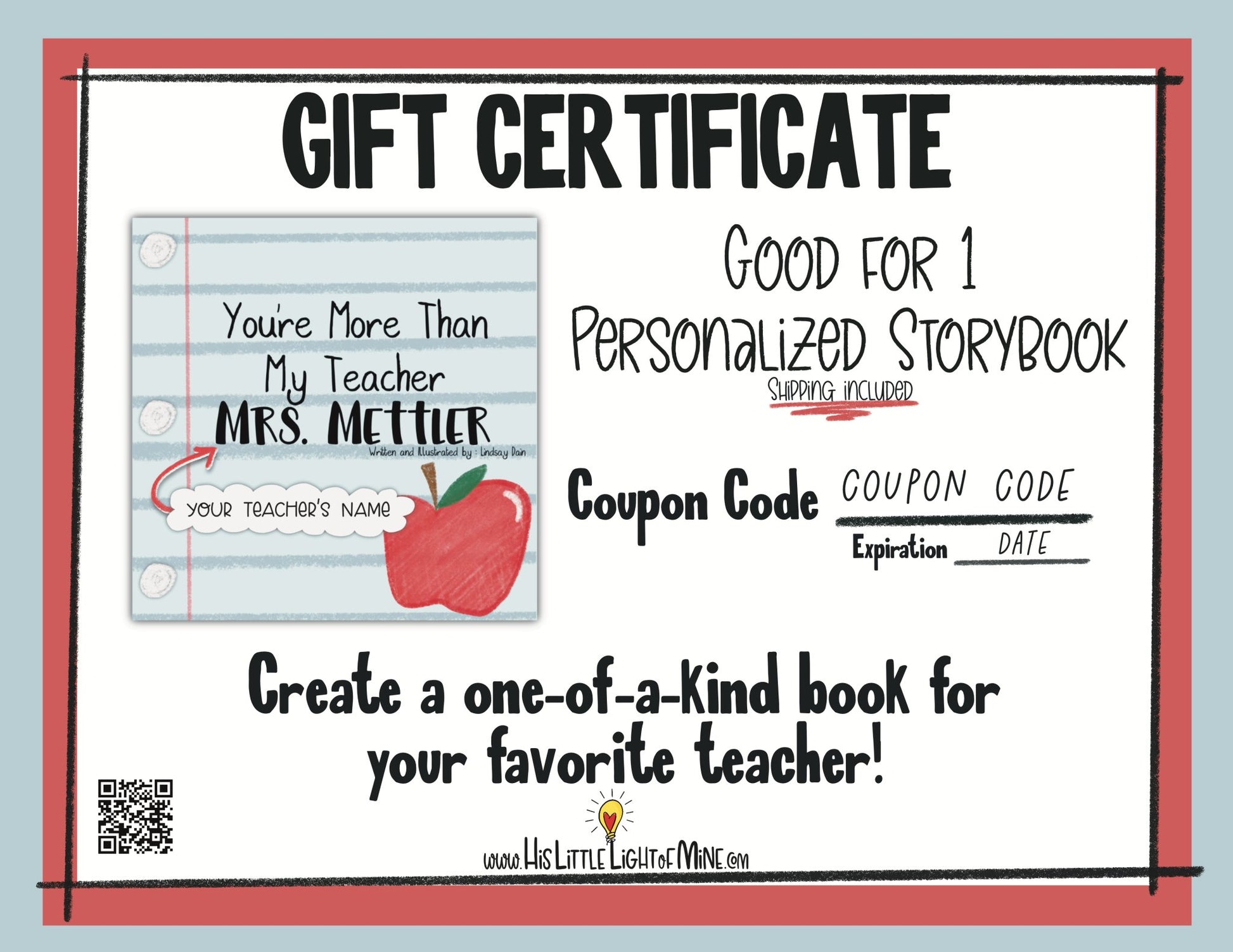 The self-published personalized book “You’re More Than My Teacher” gift certificate image